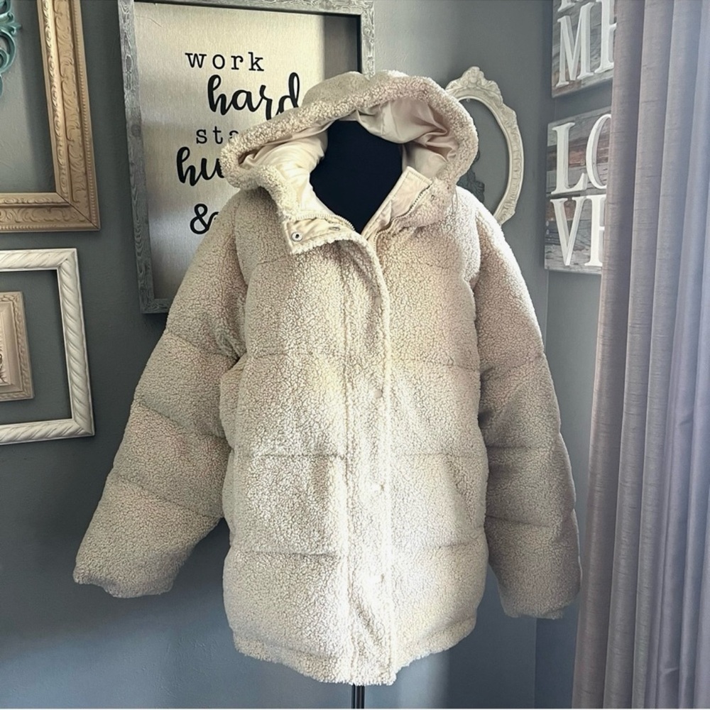GOOD AMERICAN Faux Shearling Cocoon Puffer Jacket Size XL - Picture 3 of 10